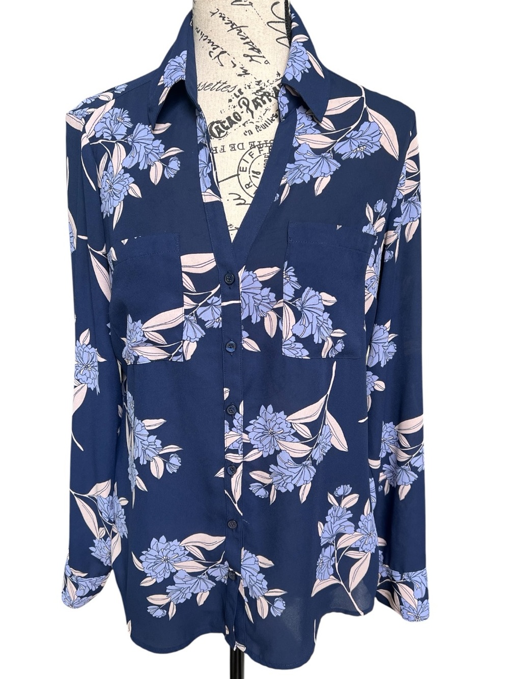 Express Navy Floral Button-Front Blouse with Light Pink and Lavender Print - Picture 1 of 6